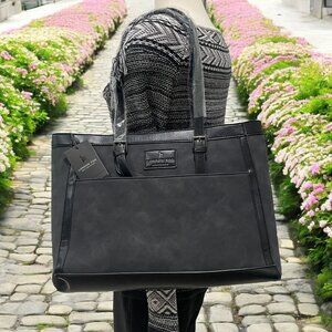 London Fog Eliza Nubuck Structured Tote Black Faux Leather Office Travel Daily